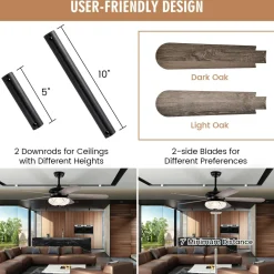 Tangkula 52 Inches Ceiling Fan with Remote Control, Indoor Ceiling Fan with 2 Downrods