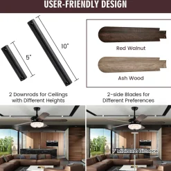 Tangkula 52 Inches Ceiling Fan with Remote Control, Indoor Ceiling Fan with 2 Downrods
