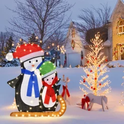 Tangkula 54 inches Christmas Double Snowman Yard Sign with LED Lights