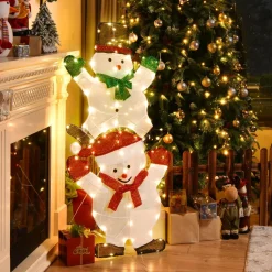 Tangkula 54 inches Christmas Double Snowman Yard Sign with LED Lights