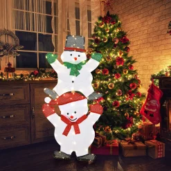 Tangkula 54 inches Christmas Double Snowman Yard Sign with LED Lights