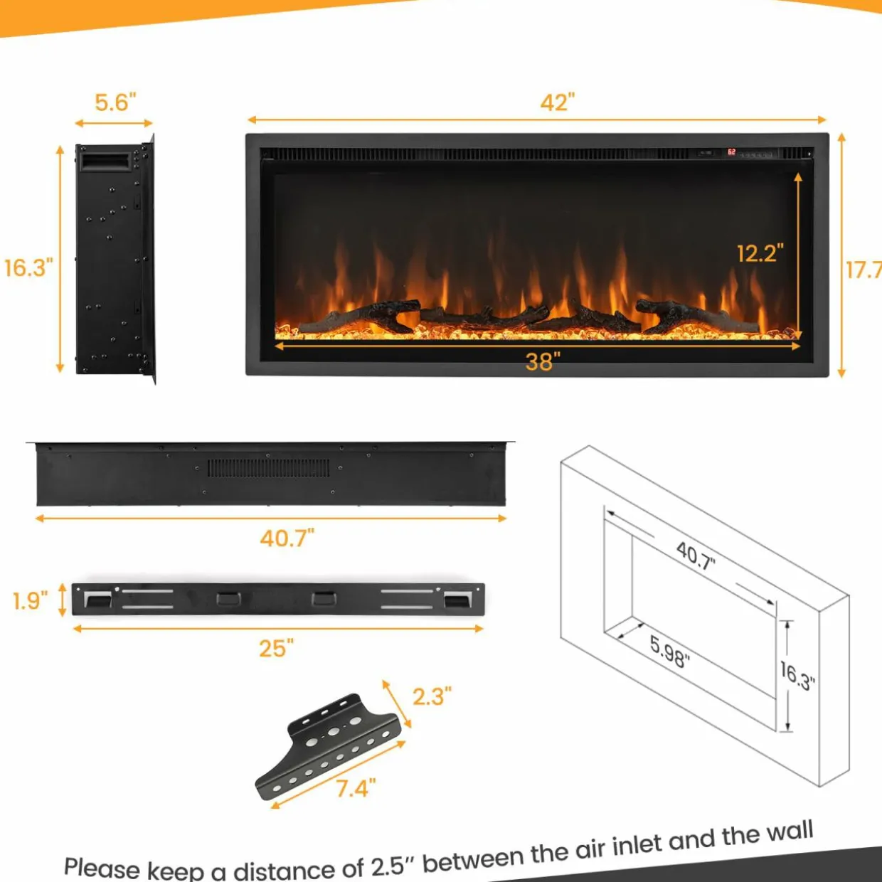 Tangkula 50 Inches Electric Fireplace Inserts, Recessed, Wall Mounted and Freestanding 1500W Slim Fireplace Heater with Remote Control