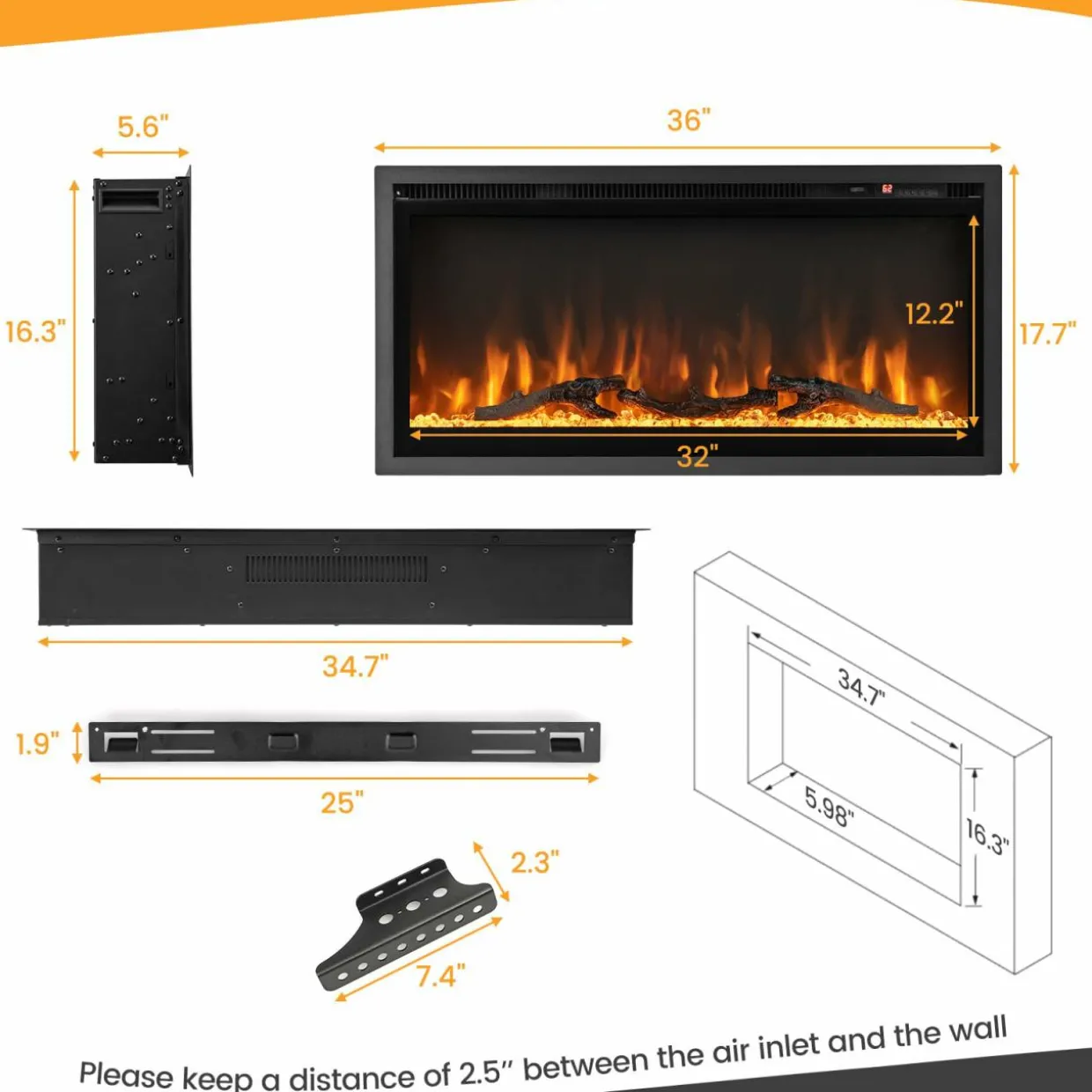 Tangkula 50 Inches Electric Fireplace Inserts, Recessed, Wall Mounted and Freestanding 1500W Slim Fireplace Heater with Remote Control
