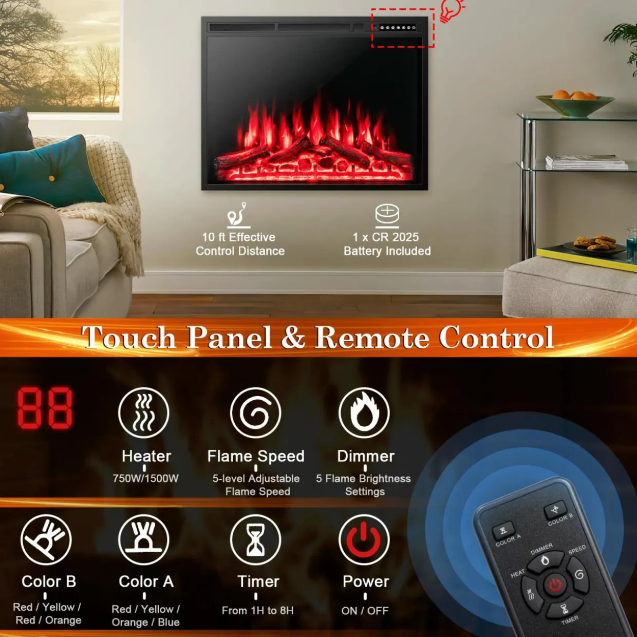 Tangkula 34 Inches Electric Fireplace Insert, Recessed and Freestanding Fireplace Heater with Touch Panel