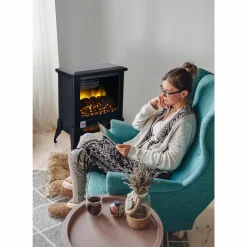 Tangkula 18 Inches Electric Fireplace Stove, 1400W Freestanding Fireplace Heater w/ Realistic Flame Effect, Adjustable Temperature