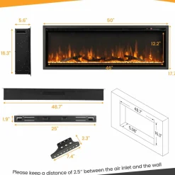 Tangkula 50 Inches Electric Fireplace Inserts, Recessed, Wall Mounted and Freestanding 1500W Slim Fireplace Heater with Remote Control