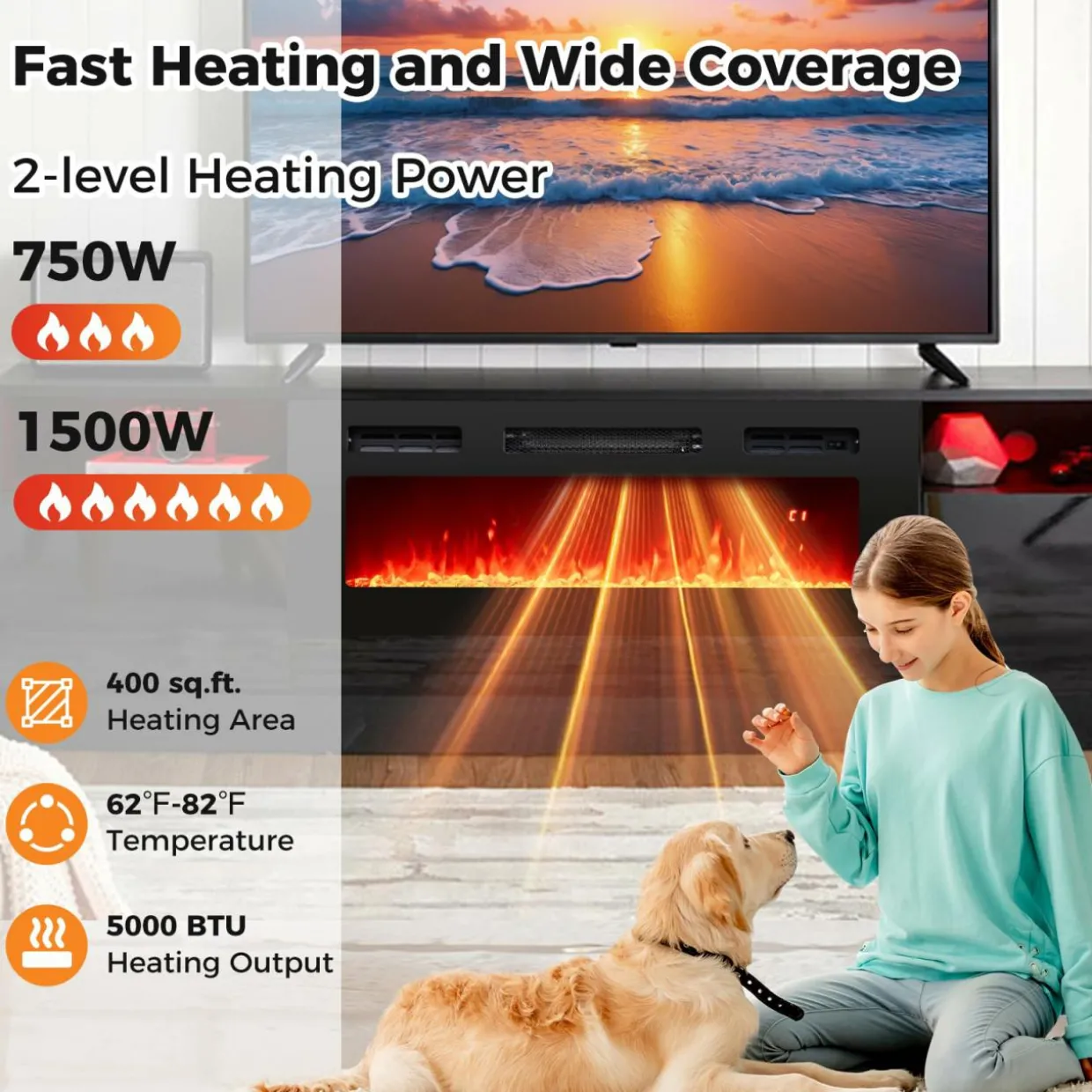 Tangkula 36 Inches Electric Fireplace, 5,000 BTU Fireplace Insert with LED Light Strips, Remote