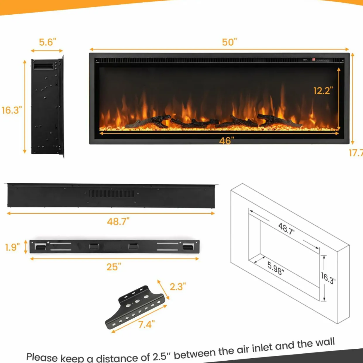 Tangkula 50 Inches Electric Fireplace Inserts, Recessed, Wall Mounted and Freestanding 1500W Slim Fireplace Heater with Remote Control