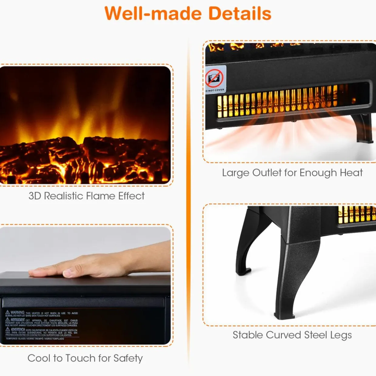 Tangkula 18 Inches Electric Fireplace Stove, 1400W Freestanding Fireplace Heater w/ Realistic Flame Effect, Adjustable Temperature