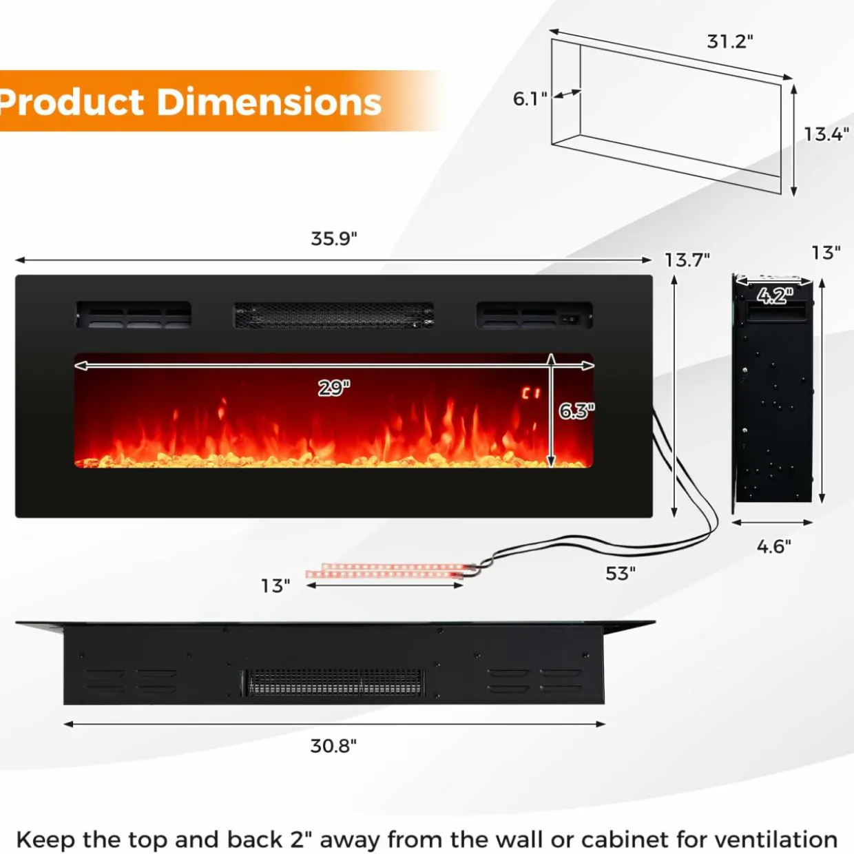 Tangkula 36 Inches Electric Fireplace, 5,000 BTU Fireplace Insert with LED Light Strips, Remote