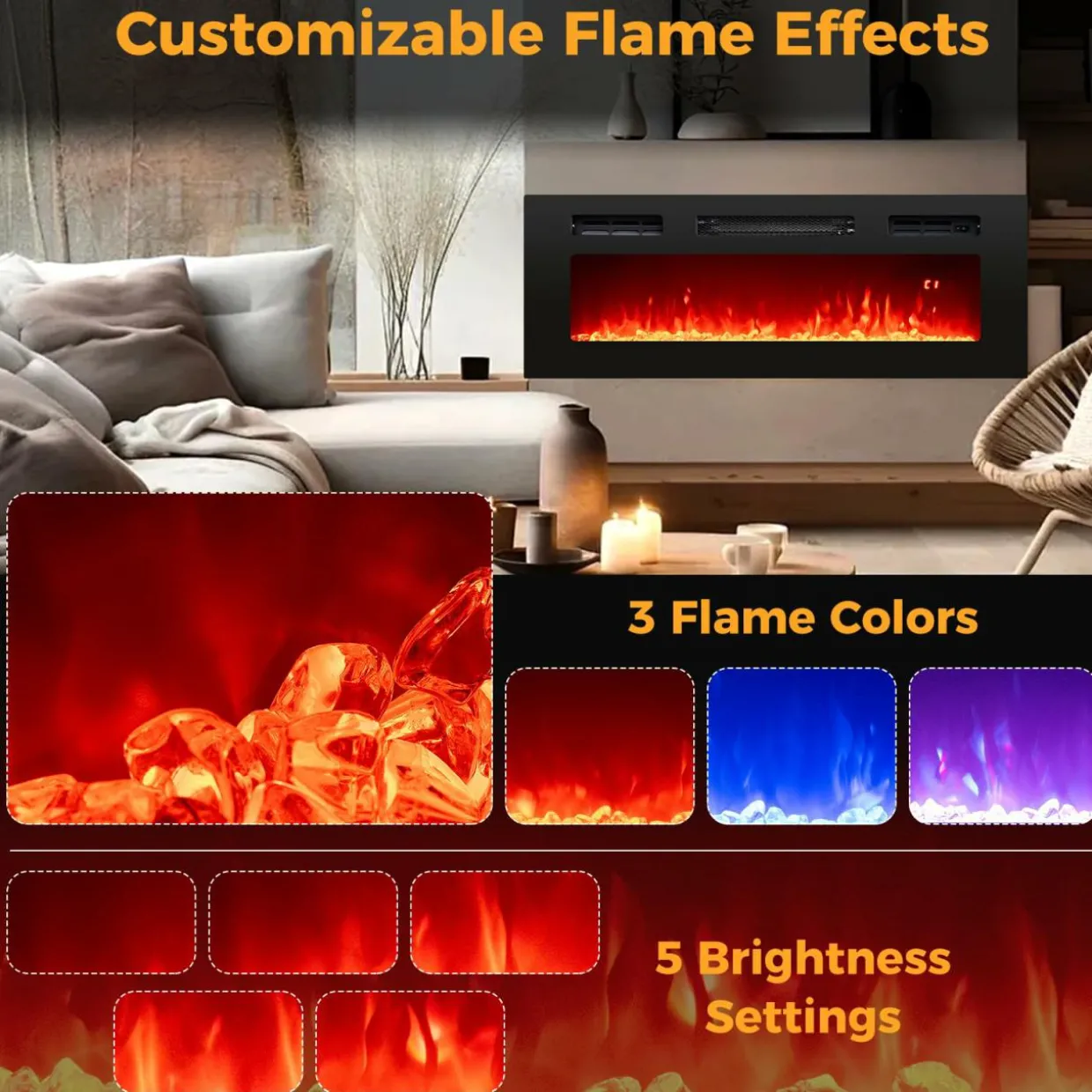 Tangkula 36 Inches Electric Fireplace, 5,000 BTU Fireplace Insert with LED Light Strips, Remote