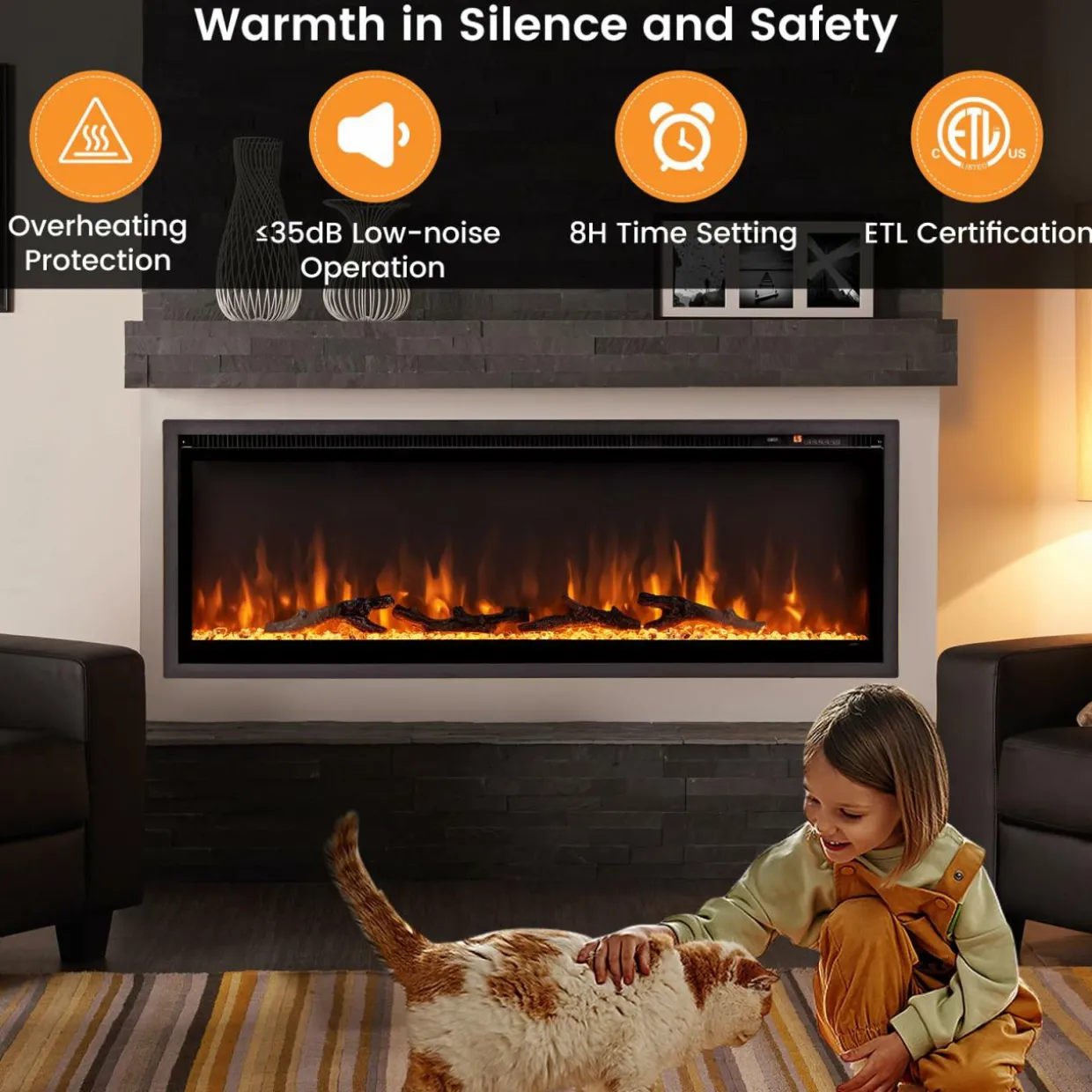 Tangkula 50 Inches Electric Fireplace Inserts, Recessed, Wall Mounted and Freestanding 1500W Slim Fireplace Heater with Remote Control