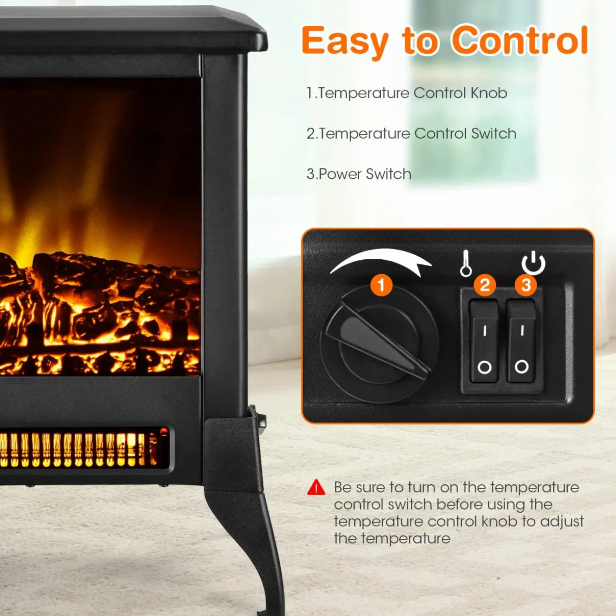 Tangkula 18 Inches Electric Fireplace Stove, 1400W Freestanding Fireplace Heater w/ Realistic Flame Effect, Adjustable Temperature