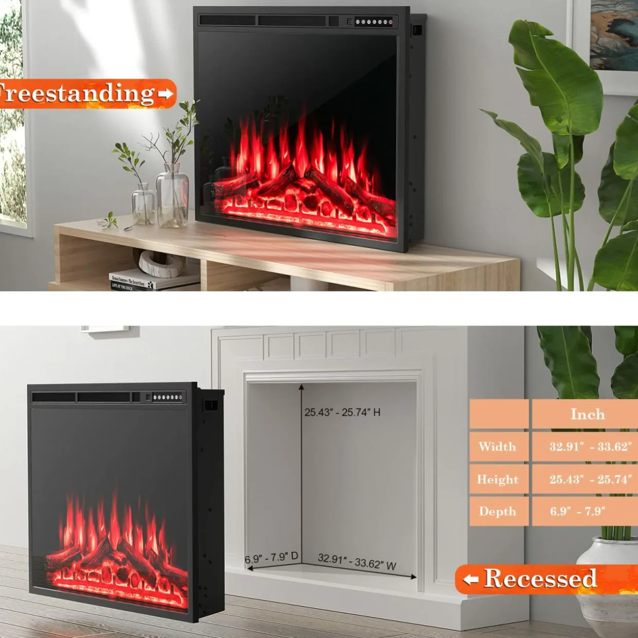 Tangkula 34 Inches Electric Fireplace Insert, Recessed and Freestanding Fireplace Heater with Touch Panel
