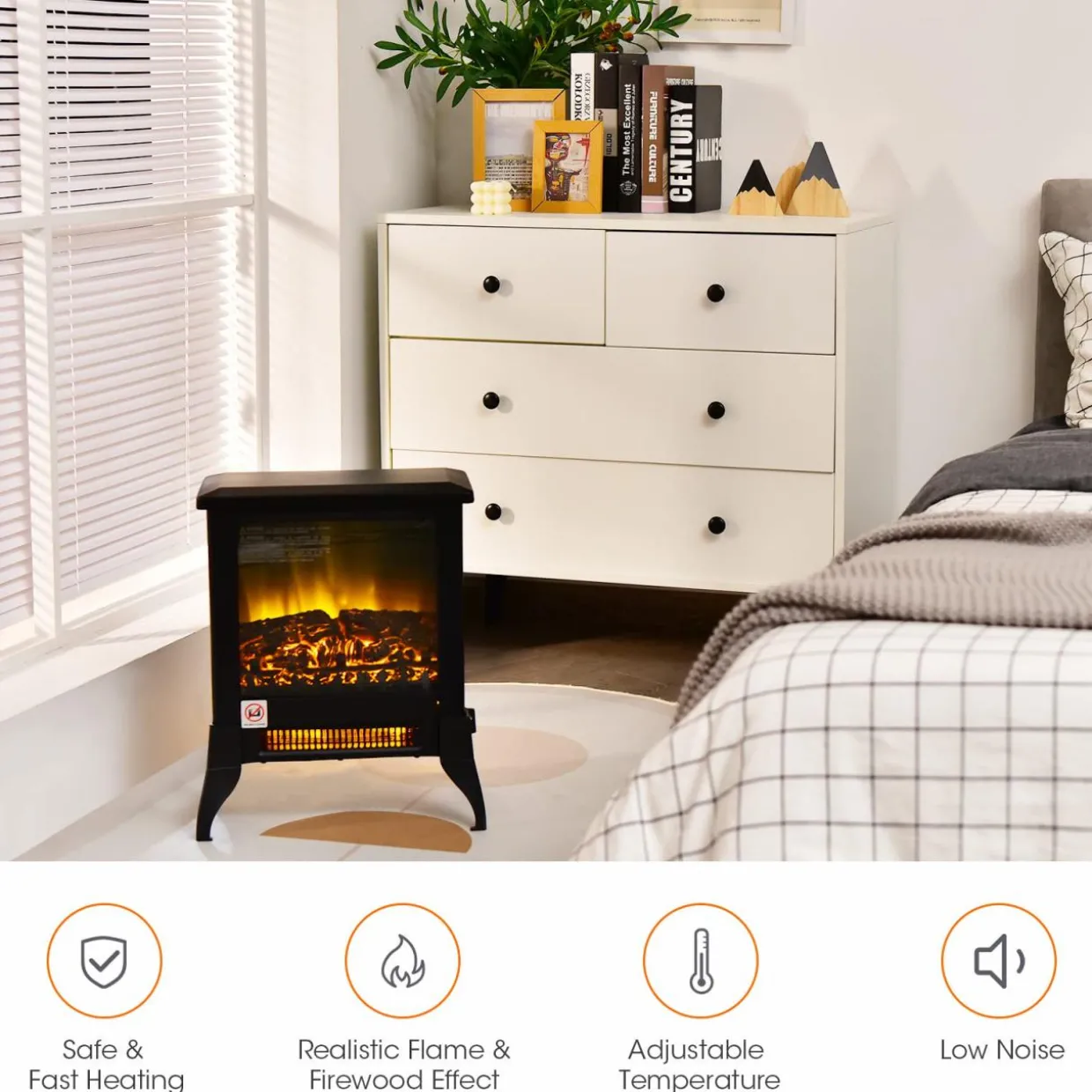 Tangkula 18 Inches Electric Fireplace Stove, 1400W Freestanding Fireplace Heater w/ Realistic Flame Effect, Adjustable Temperature