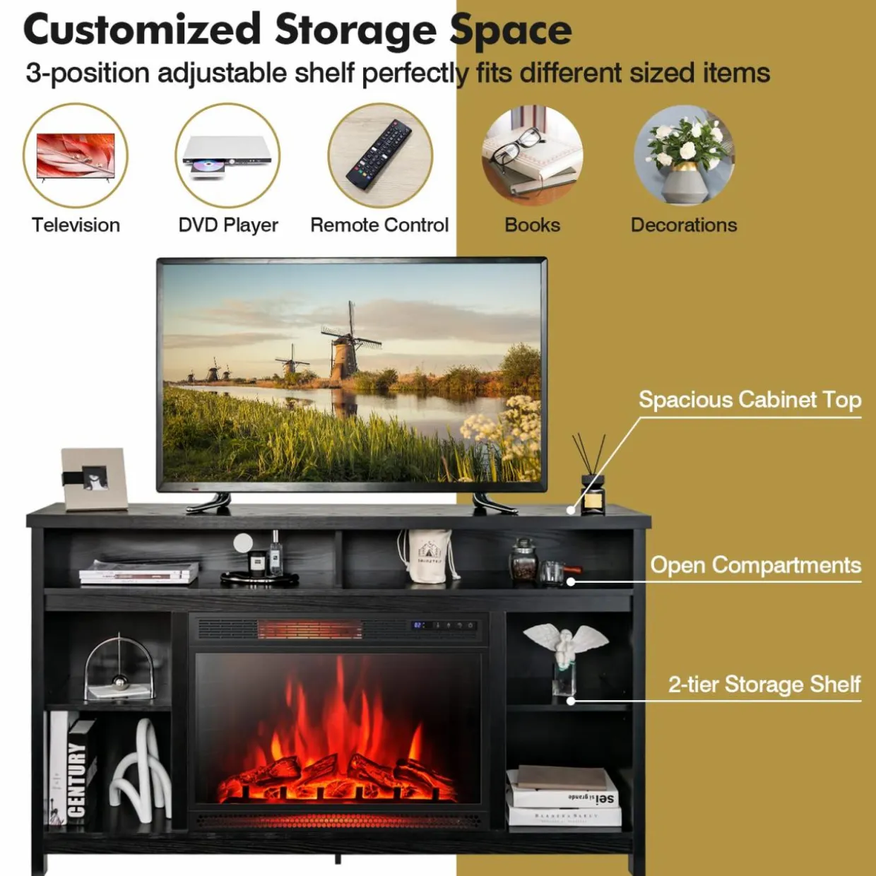 Tangkula 58 Inches Fireplace TV Stand for TVs up to 65 Inches