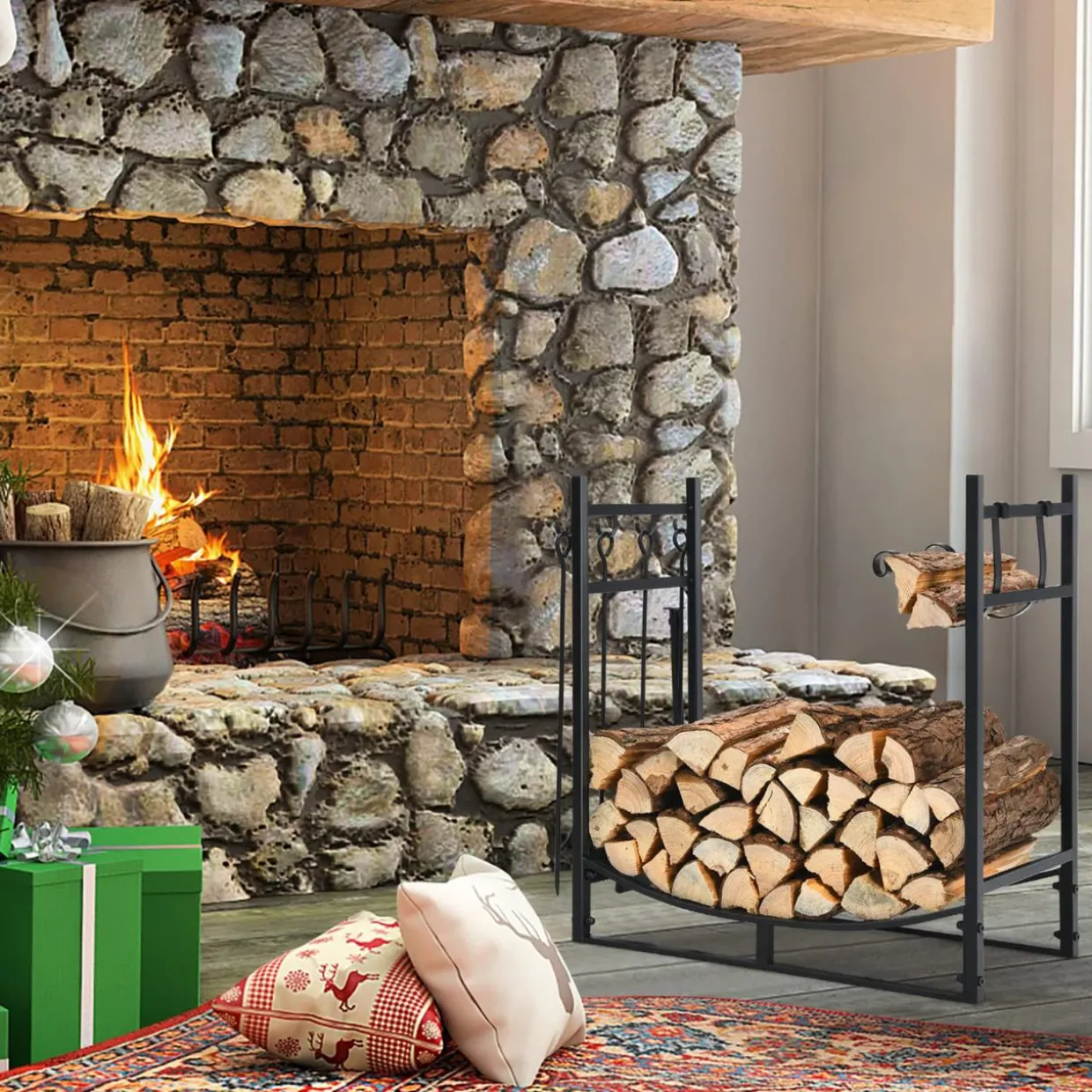 Tangkula 30 Inches Firewood Log Rack with 4 Tools Set