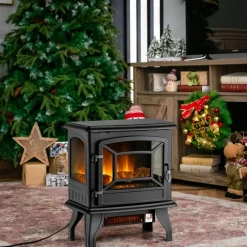 Tangkula 20 Inches Freestanding Fireplace Infrared Heater with Adjustable Thermostat and Realistic Flame Effect 1400W Indoor Space Heater