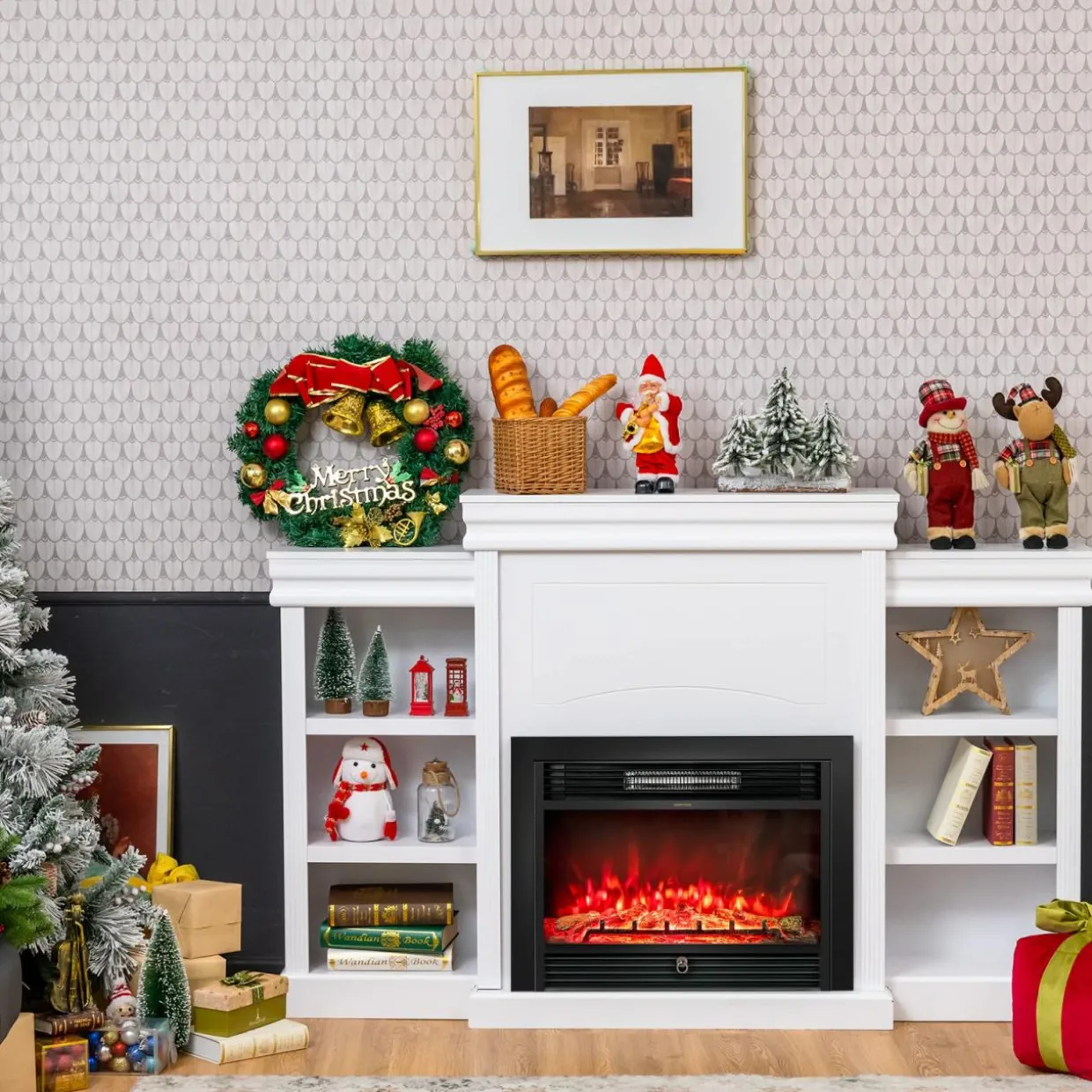 Tangkula 70 Inches Freestanding Mantel Stand, Modern Media Fireplace Cabinet for Living Room Bedroom (Stand Only)