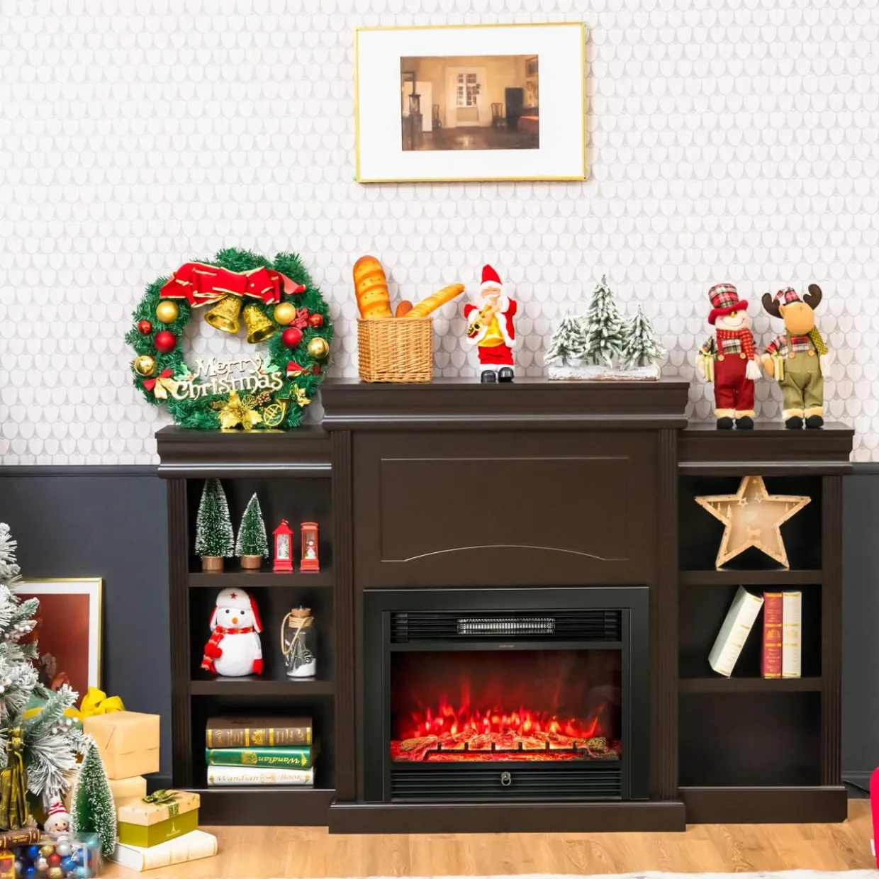 Tangkula 70 Inches Freestanding Mantel Stand, Modern Media Fireplace Cabinet for Living Room Bedroom (Stand Only)