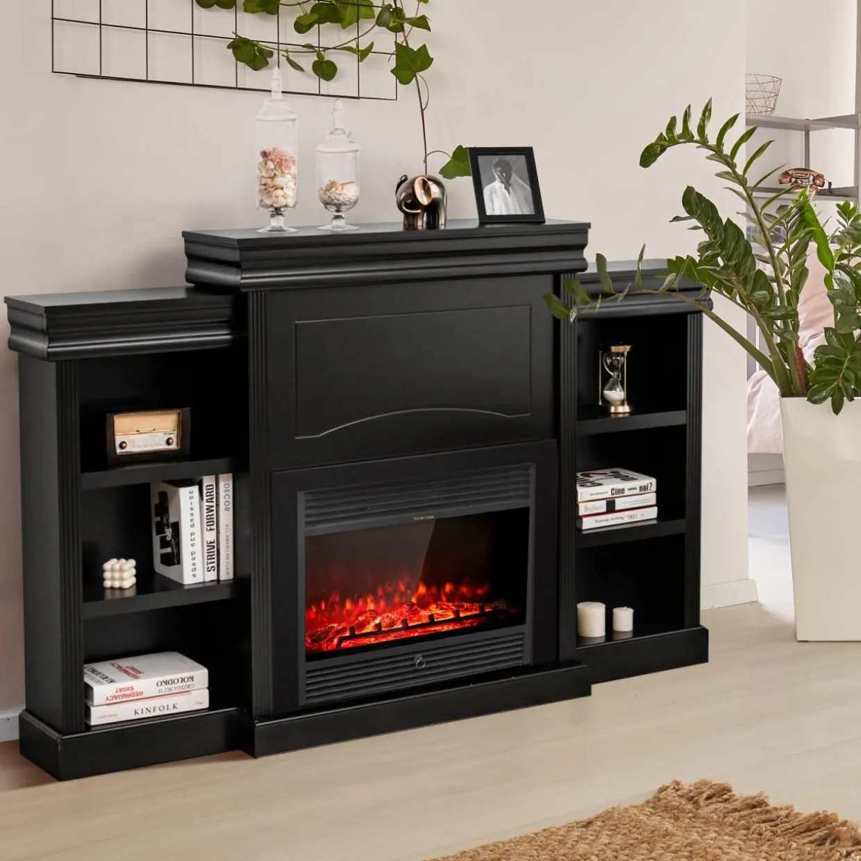 Tangkula 70 Inches Freestanding Mantel Stand, Modern Media Fireplace Cabinet for Living Room Bedroom (Stand Only)