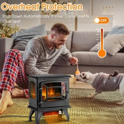 Tangkula 20 Inches Freestanding Fireplace Infrared Heater with Adjustable Thermostat and Realistic Flame Effect 1400W Indoor Space Heater