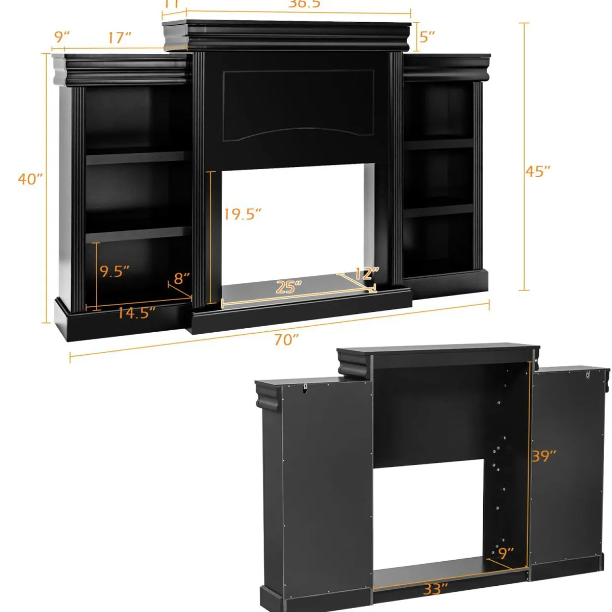 Tangkula 70 Inches Freestanding Mantel Stand, Modern Media Fireplace Cabinet for Living Room Bedroom (Stand Only)