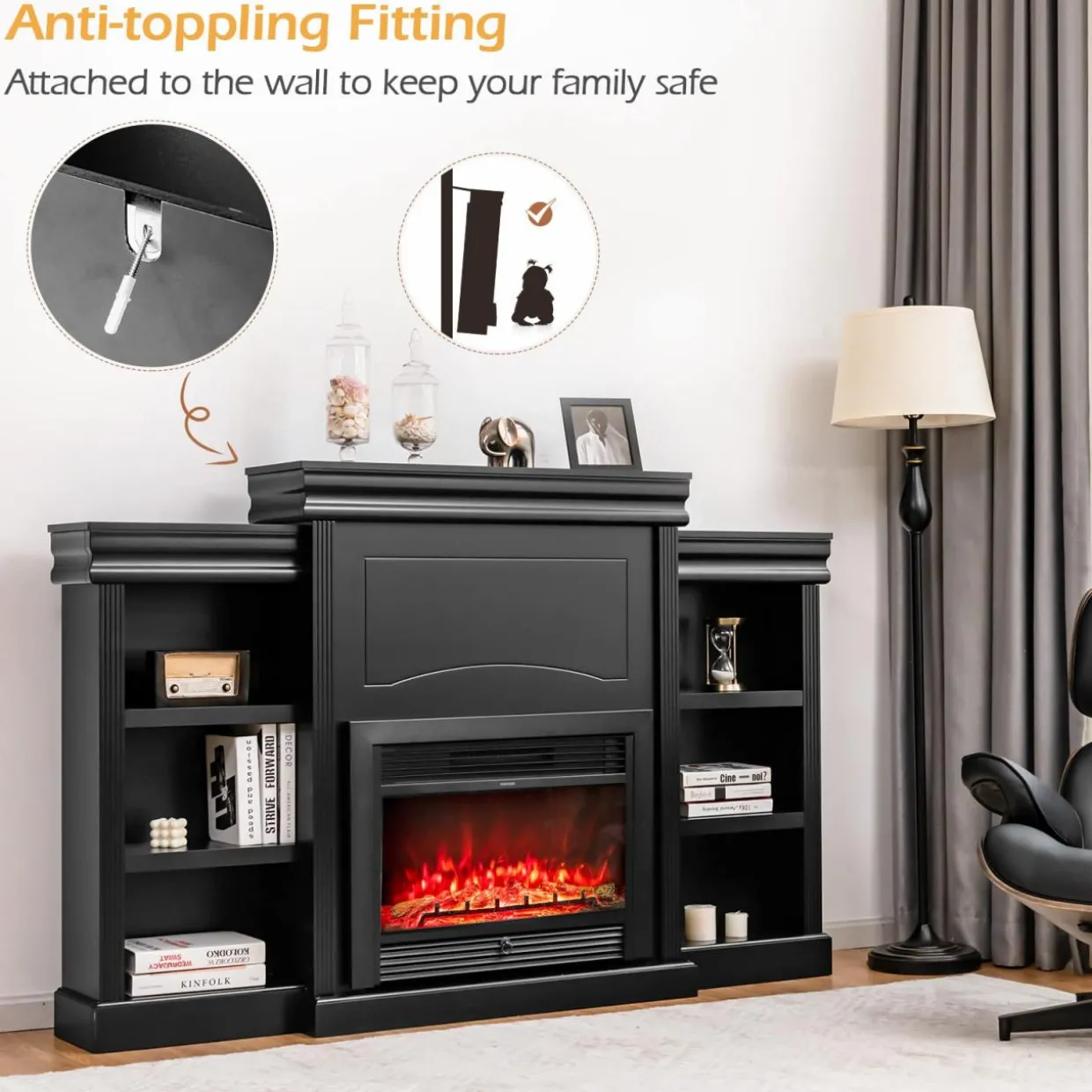 Tangkula 70 Inches Freestanding Mantel Stand, Modern Media Fireplace Cabinet for Living Room Bedroom (Stand Only)