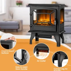 Tangkula 20 Inches Freestanding Fireplace Infrared Heater with Adjustable Thermostat and Realistic Flame Effect 1400W Indoor Space Heater