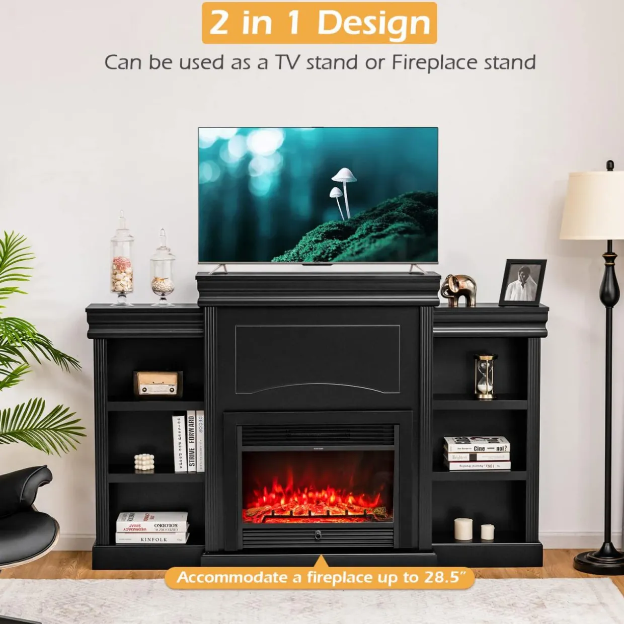 Tangkula 70 Inches Freestanding Mantel Stand, Modern Media Fireplace Cabinet for Living Room Bedroom (Stand Only)