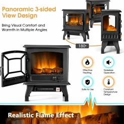 Tangkula 20 Inches Freestanding Fireplace Infrared Heater with Adjustable Thermostat and Realistic Flame Effect 1400W Indoor Space Heater