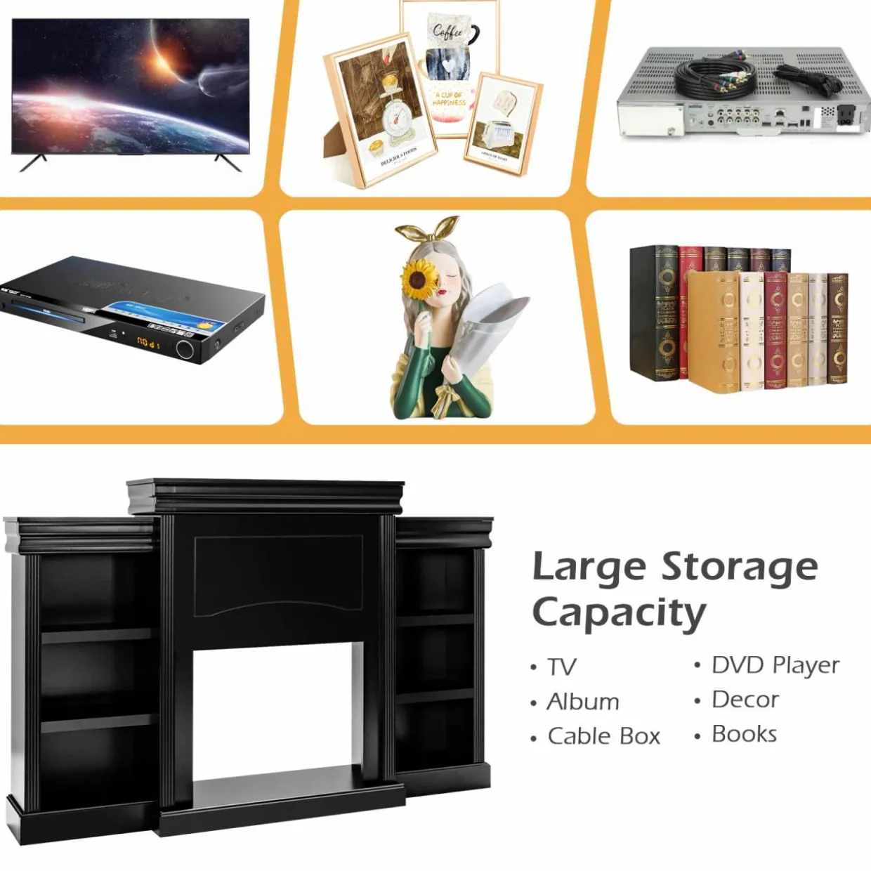 Tangkula 70 Inches Freestanding Mantel Stand, Modern Media Fireplace Cabinet for Living Room Bedroom (Stand Only)