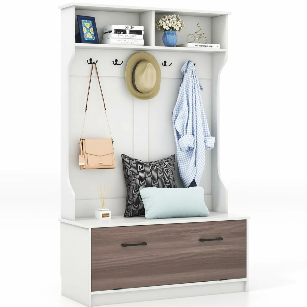 Tangkula 63 Inches Hall Tree with Coat Rack and Storage Bench