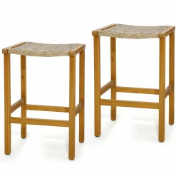 Tangkula 30 Inches high Acacia Wood Heavy Duty Bar Height Stools with PE Rattan Saddle Seat