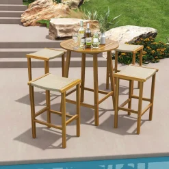 Tangkula 30 Inches high Acacia Wood Heavy Duty Bar Height Stools with PE Rattan Saddle Seat