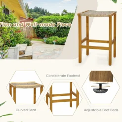Tangkula 30 Inches high Acacia Wood Heavy Duty Bar Height Stools with PE Rattan Saddle Seat