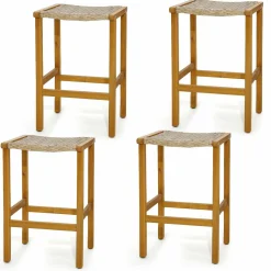 Tangkula 30 Inches high Acacia Wood Heavy Duty Bar Height Stools with PE Rattan Saddle Seat