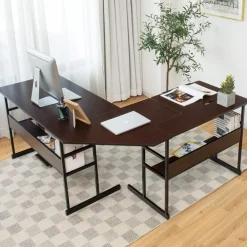 Tangkula 67 inches L-Shaped Desk, Corner Computer Desk with Bottom Bookshelves & CPU Stand
