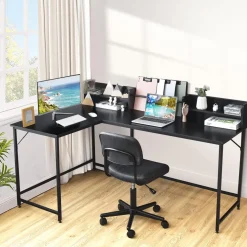 Tangkula 66.5 Inches L-Shaped Desk, Space Saving Corner Computer Desk with Hutch