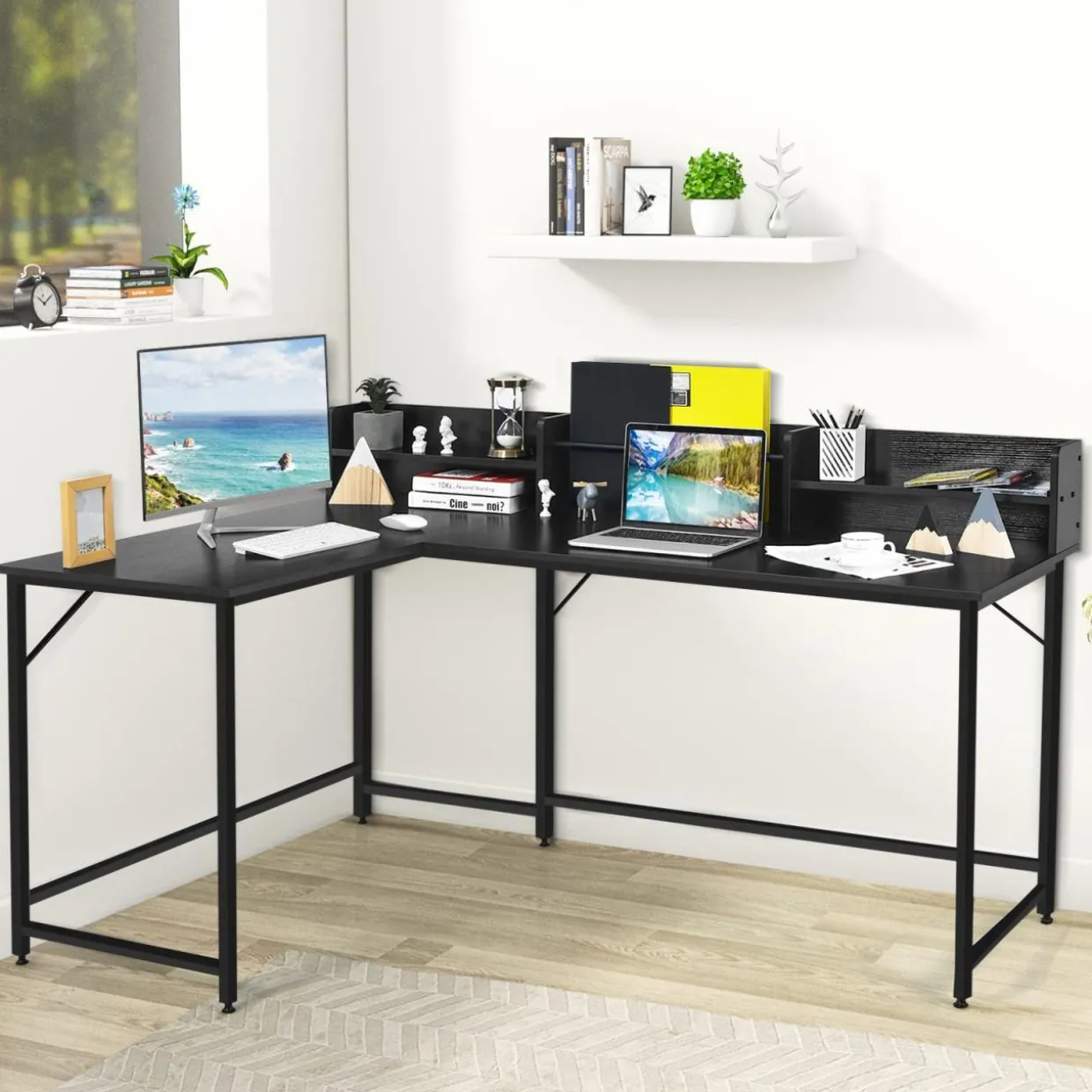 Tangkula 66.5 Inches L-Shaped Desk, Space Saving Corner Computer Desk with Hutch