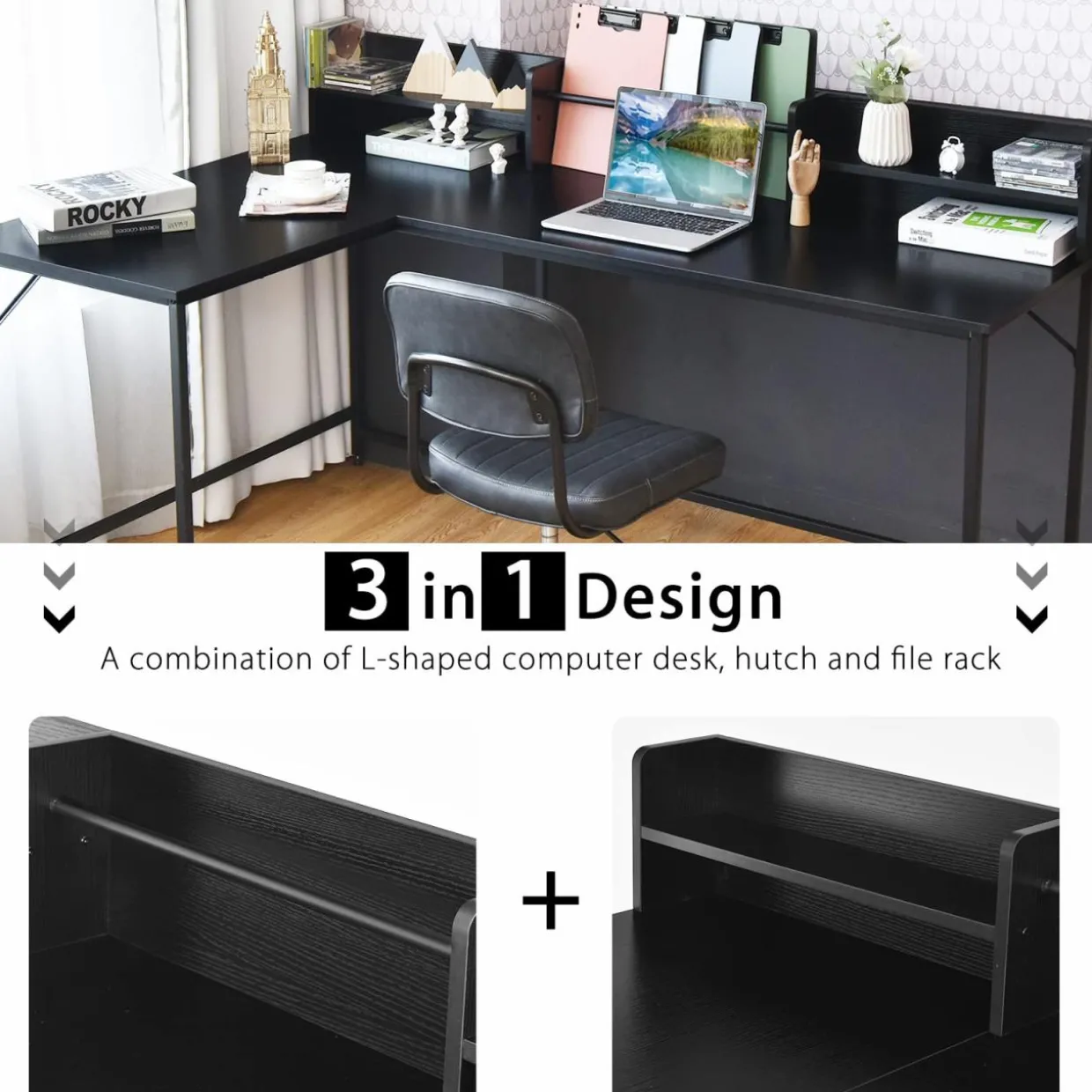 Tangkula 66.5 Inches L-Shaped Desk, Space Saving Corner Computer Desk with Hutch