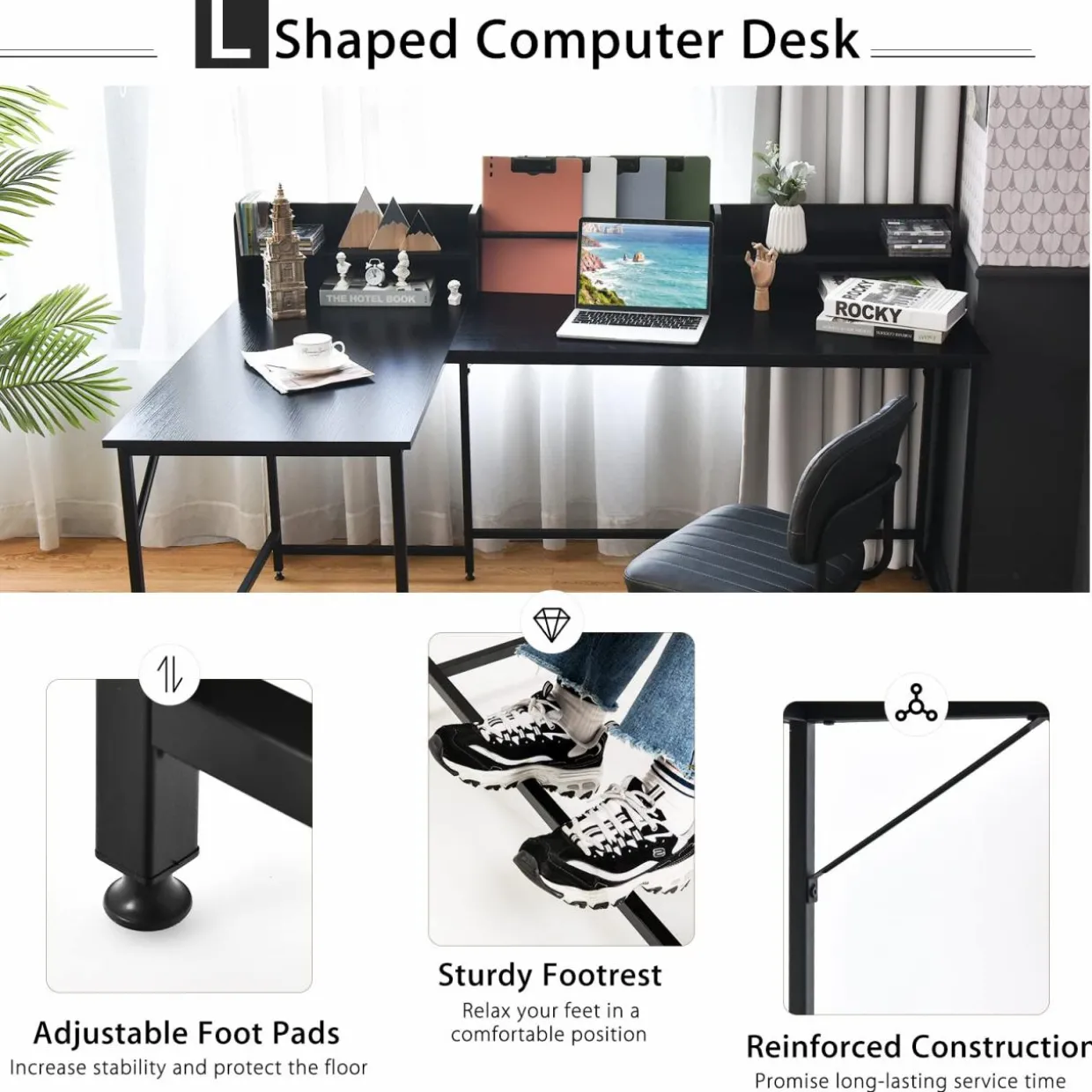 Tangkula 66.5 Inches L-Shaped Desk, Space Saving Corner Computer Desk with Hutch