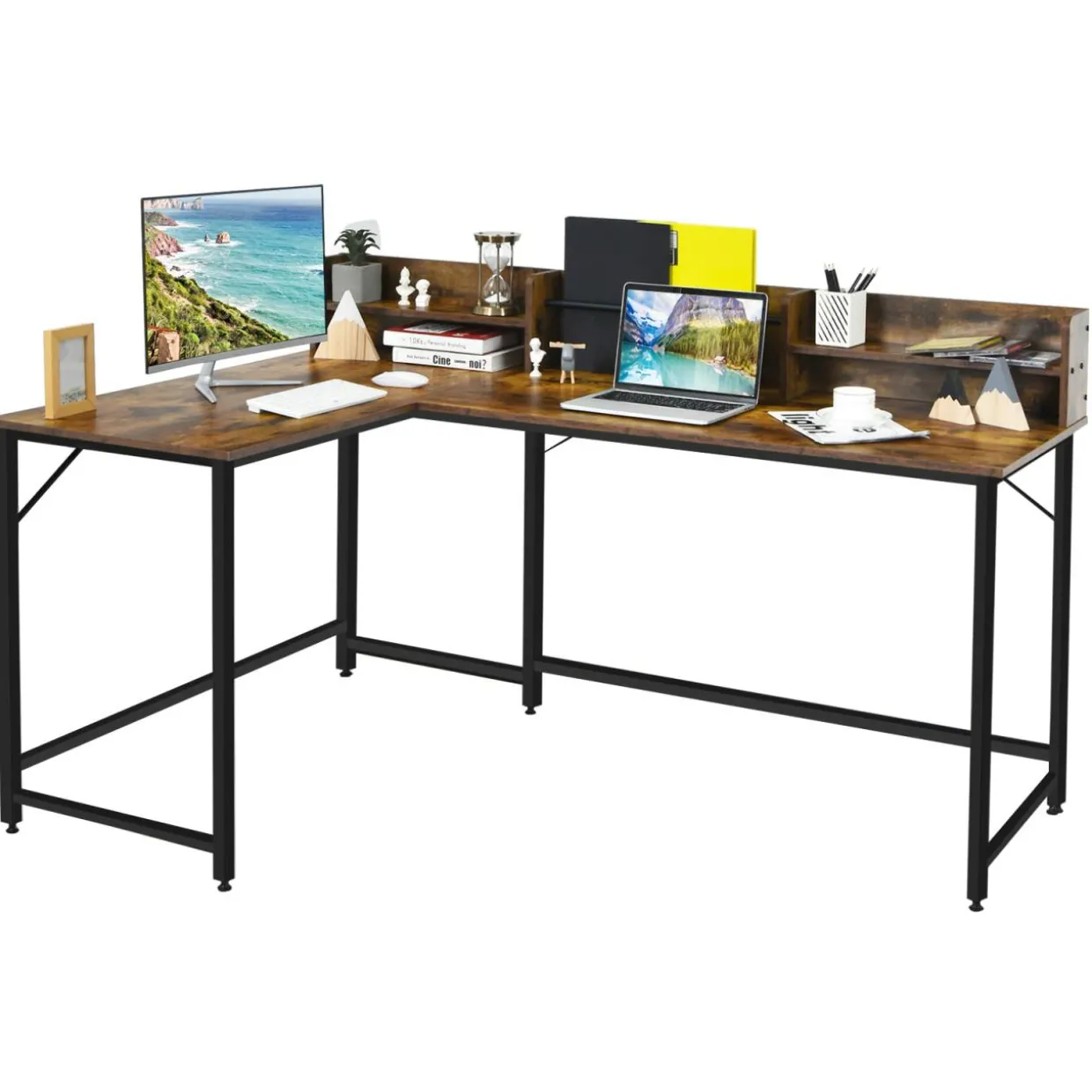 Tangkula 66.5 Inches L-Shaped Desk, Space Saving Corner Computer Desk with Hutch