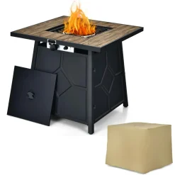 Tangkula 28 Inches Propane Fire Pit Table, 40,000 BTU Square Fire Table with Lid, Lava Stone, Waterproof Cover
