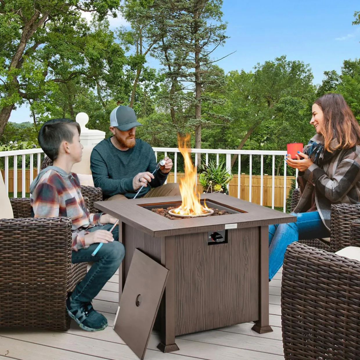 Tangkula 32 Inches Propane Fire Pit, Patiojoy 50,000 BTU Gas Fire Pit Table with Lid