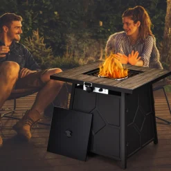 Tangkula 28 Inches Propane Fire Pit Table, 40,000 BTU Square Fire Table with Lid, Lava Stone, Waterproof Cover