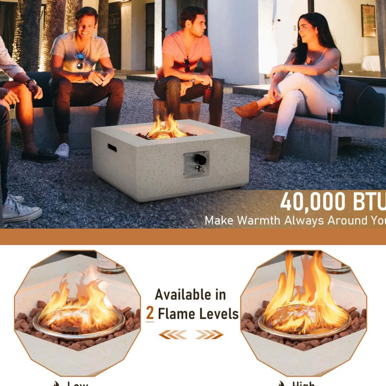 Tangkula 28 Inches Propane Fire Pit Table, Patiojoy 40,000 BTU Square Fire Table with Lava Rocks