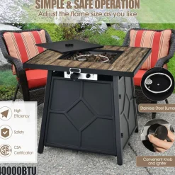 Tangkula 28 Inches Propane Fire Pit Table, 40,000 BTU Square Fire Table with Lid, Lava Stone, Waterproof Cover