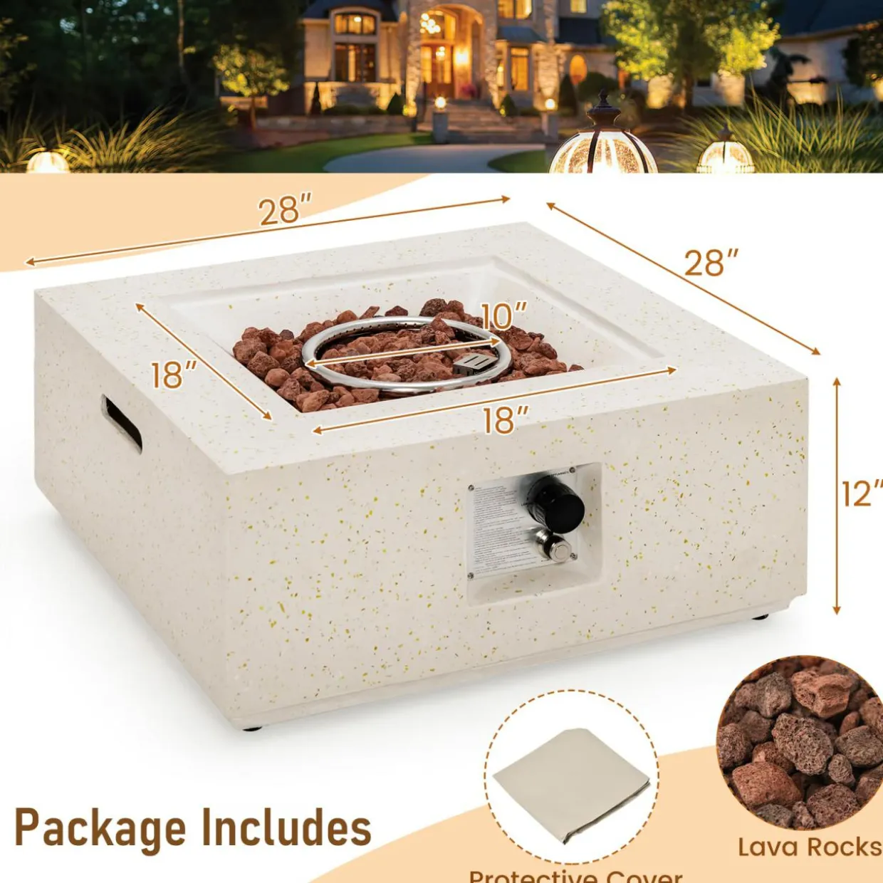 Tangkula 28 Inches Propane Fire Pit Table, Patiojoy 40,000 BTU Square Fire Table with Lava Rocks