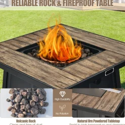 Tangkula 28 Inches Propane Fire Pit Table, 40,000 BTU Square Fire Table with Lid, Lava Stone, Waterproof Cover